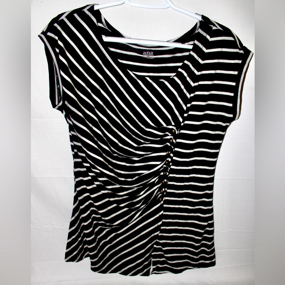 A New Approach A.N.A. Womens Black And White Top Size L Striped Shirt